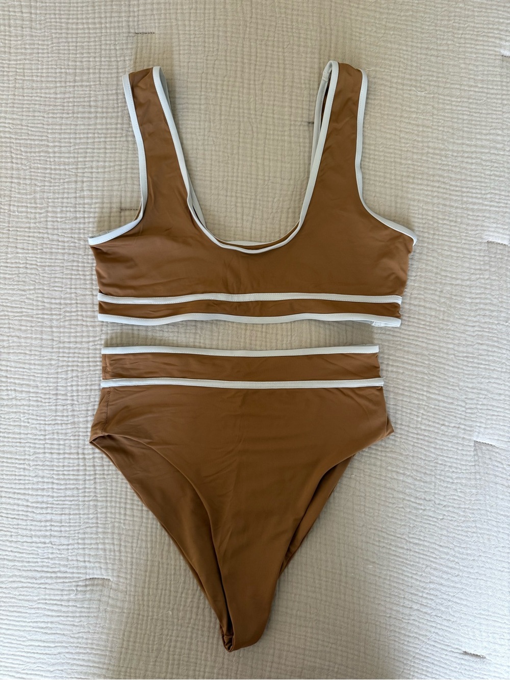 Stone Fox - Dahlia Bikini Top and Juniper Bikini Bottoms - Tan with White Trim